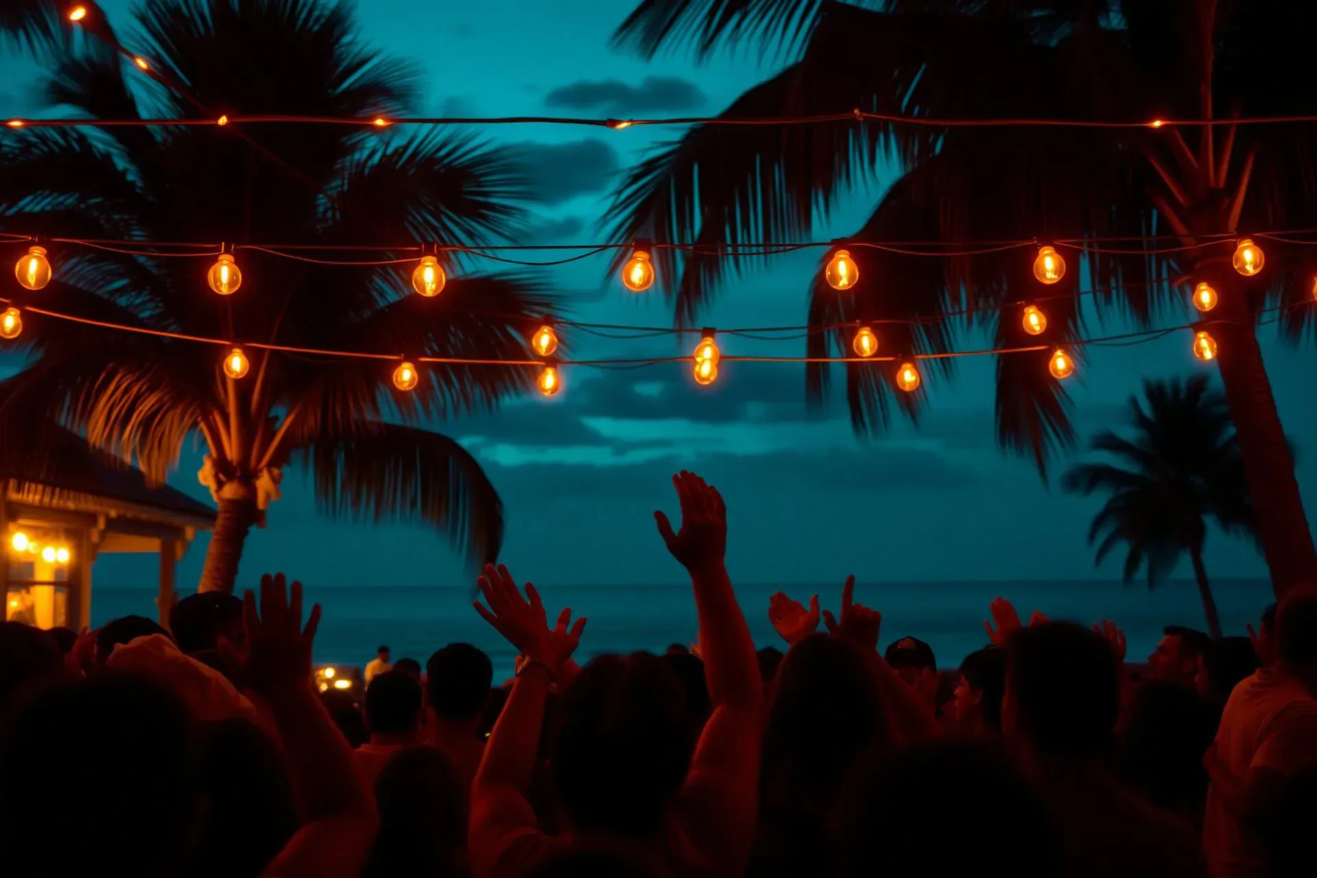Open air Key West concert crowd at dusk with warm string lights